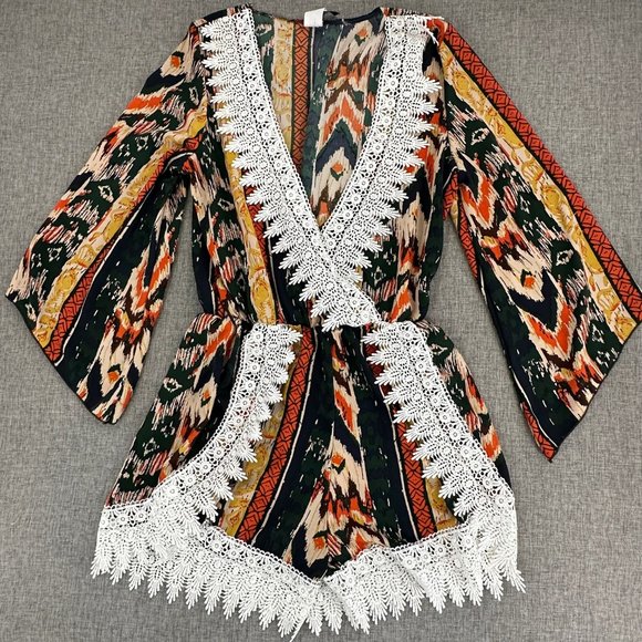 SHOP WTD Romper Crochet Detail Lightweight Medium Low V-Neck Wide Sleeves - Picture 1 of 12